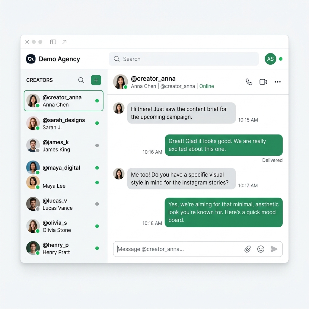 Agency Chat interface showing a branded chat conversation between an agency manager and a TikTok creator