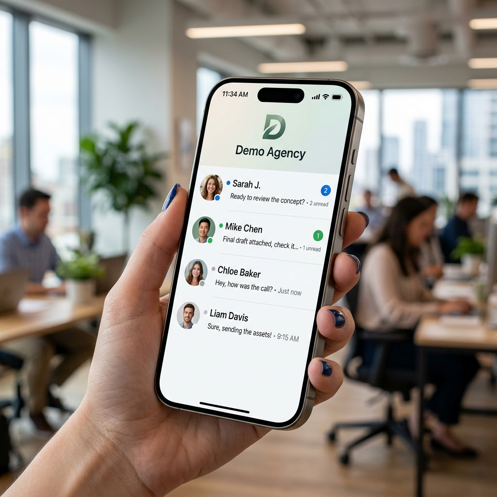 Agency Chat mobile app showing a branded creator chat list on an iPhone